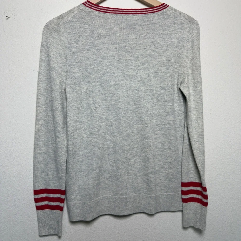 LOFT Women Love Sweater Small Gray Heart Embroidered Varsity Stripe Crewneck
